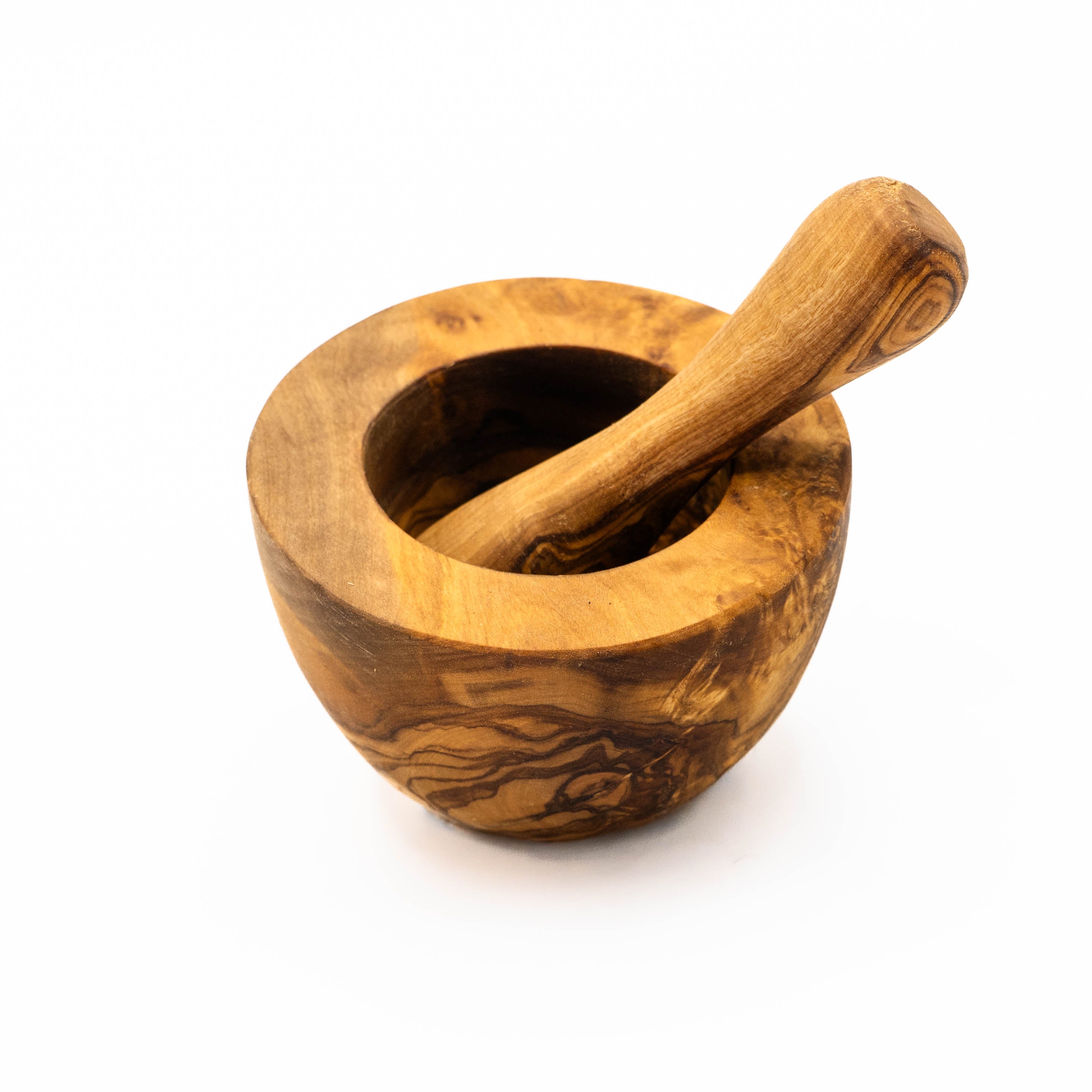 Mörser mit Stössel mit glattem Rand aus Olivenholz