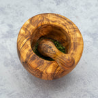 Mörser mit Stössel mit glattem Rand aus Olivenholz