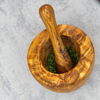 Mörser mit Stössel mit glattem Rand aus Olivenholz