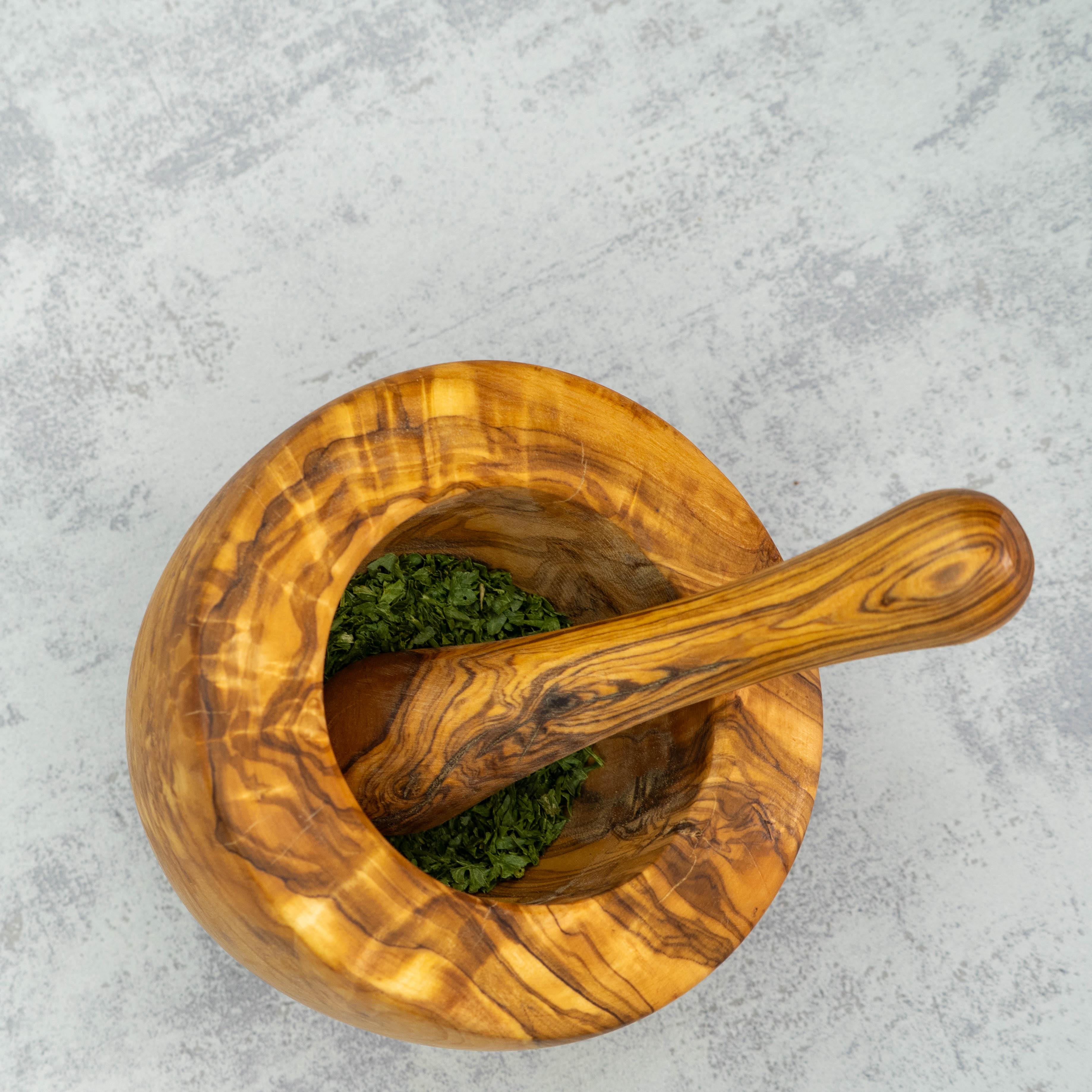 Mörser mit Stössel mit glattem Rand aus Olivenholz